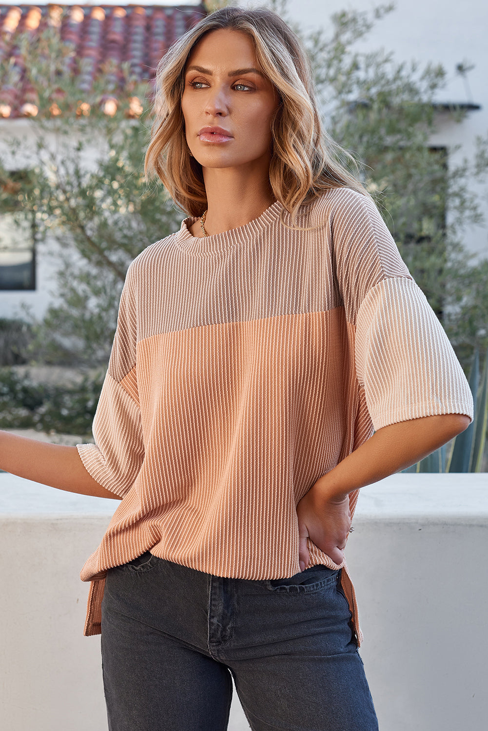 Pink Color Block Ribbed Side Slits Half Sleeve Top