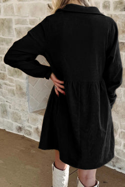 Oatmeal Corduroy Half Button Collared Long Sleeve Mini Dress