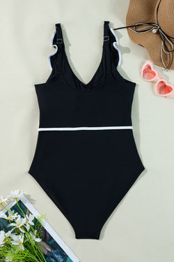 Contrasto di colore nero Blavola arricciata a V collo da bagno