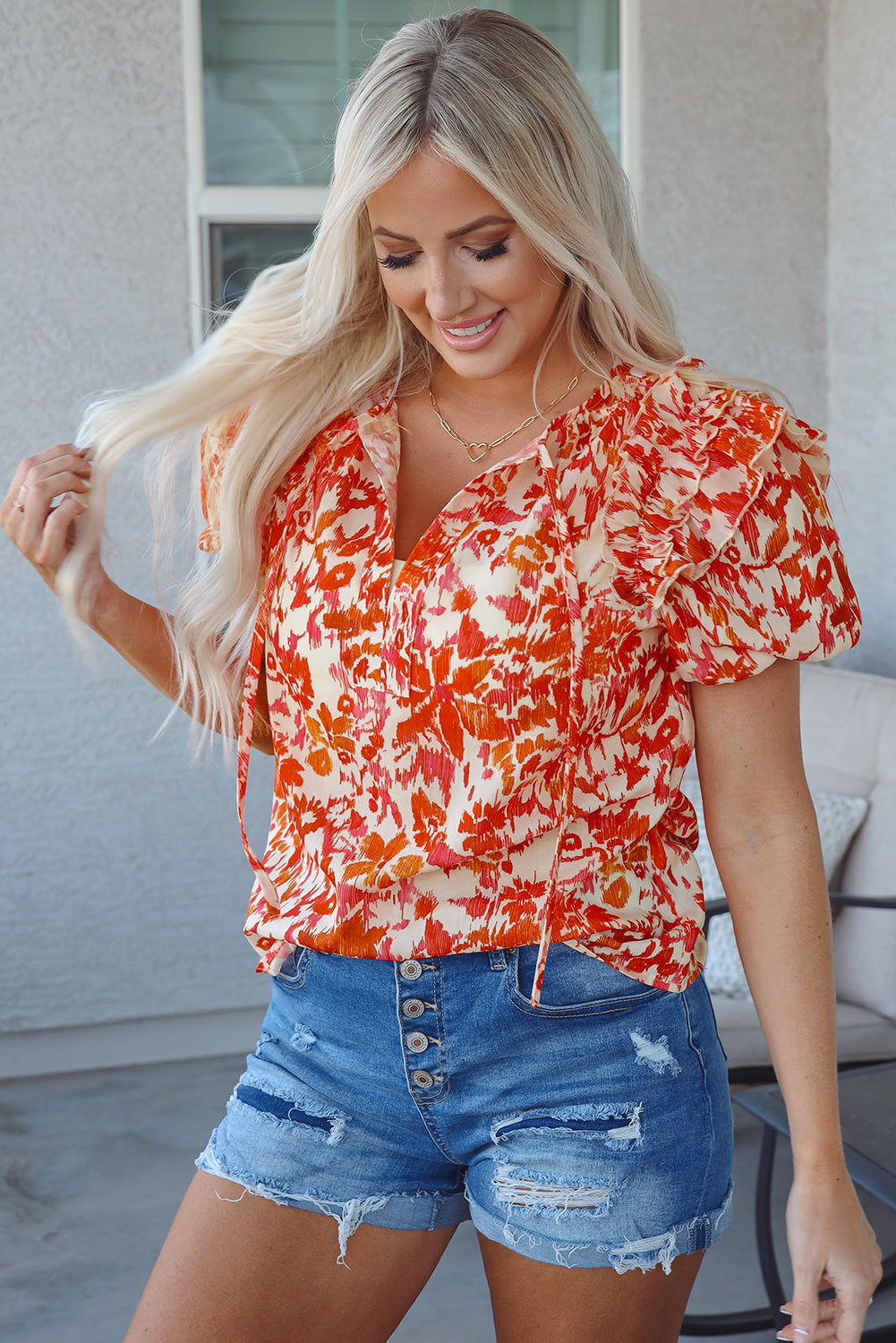 Naranja con estampado floral Rushled Short Puff Manga Splitle Blouse