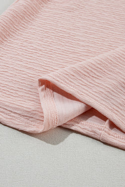 Black and Light Pink Solid Textured Ruffled Short Sleeve Blouse