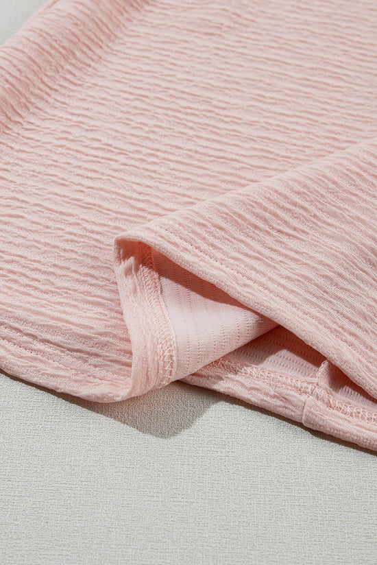 Black and Light Pink Solid Textured Ruffled Short Sleeve Blouse