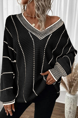 Maglione sciolto a Vs a striato di blocco nero a strisce