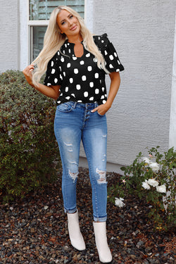 Black Polka Dot Stampa giogo a shirted coglione manica a palloncini.