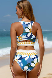 Green Floral Print Racerback Cutout High Taist 2pcs Bikini
