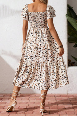 Beige Ditsy Floral Print Smocked Square Neck Ruffle Short Sleeve Dress
