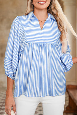 Sky Blue Stripe Shirt Collar V Neck Ricrac Trim 3/4 Puff Sleeve Blouse