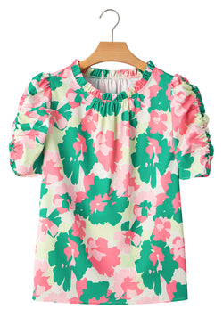 Stampa astratta verde Frilly Neck Blose a manica corta arricciata
