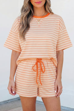 Set di maglietta ampia con collo a contrasto a righe rosa e pantaloncini con coulisse