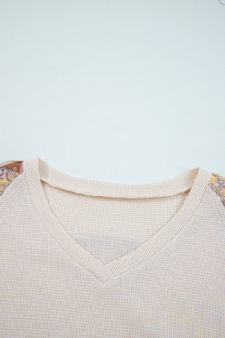 Haut ample beige à manches longues et patchwork contrasté à imprimé ethnique cachemire