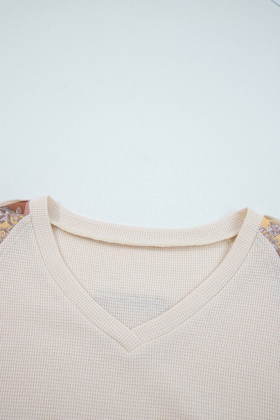 Top bege paisley étnico estampado contraste patchwork manga comprida solta