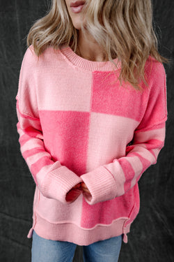 Maglione a strisce a scacchi rosa a scacchi