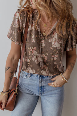 Kaki Retro Floral Stampa floreale Tracca a manica corta a collo diviso