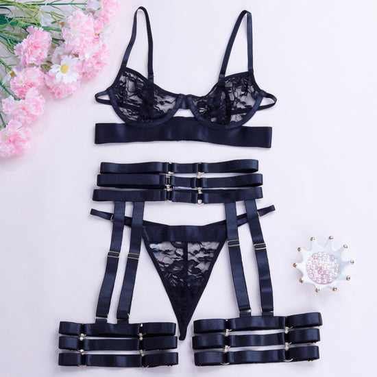 Lingerie Set “Femme Fatale” – Black Lace & Strappy Seduction