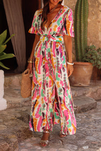 Pink boho tie-dye imprimer V cou cou de cou maxi