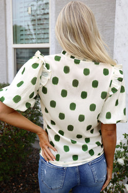 Black Polka Dot Stampa giogo a shirted coglione manica a palloncini.