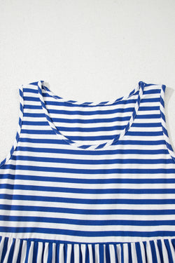Sky Blue Stripe U Neck Maneveless Fit Fit Mini Vestido