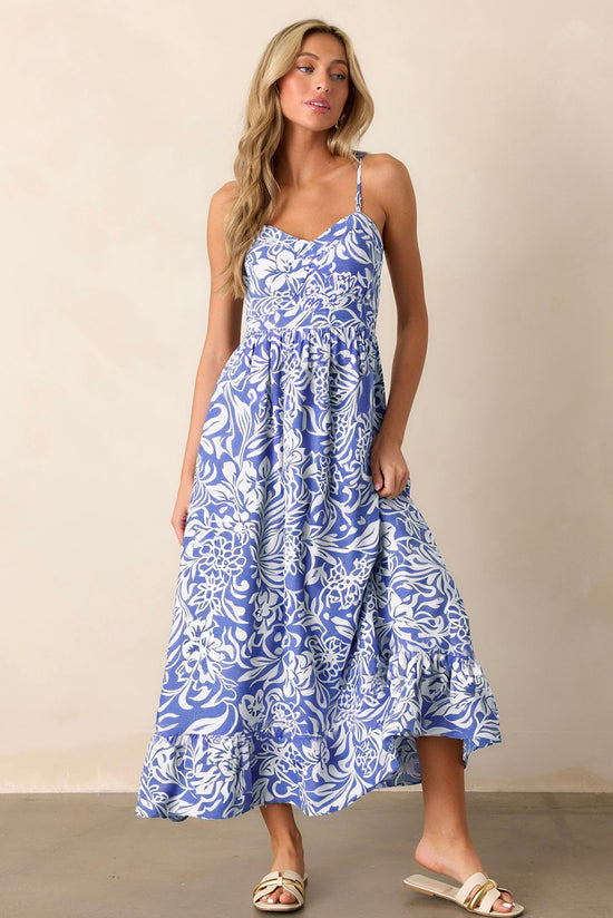 Sky Blue Floral Stampa Spaghetti Cinghia Maxi Abito in vita alta