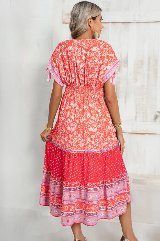 Stampa floreale rossa Nappina con la manica legata in vita Maxi Dress