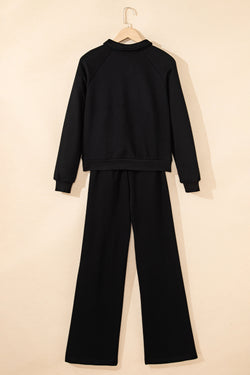 Black Solid Collared Sweatshirt and High Waist Pants Active Set