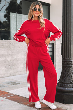 Fiery Red Varsity Striped Detail Crewneck Pullover Elastic Sweatpants 2pcs Outfit