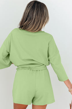 Meadow Mist Green Solid Sole Lo suelto V Neck Media manga y pantalones pantalones cortos