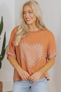Desert Gold Stud Heart Patch Front Dolman Top