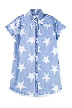 Vestido de mezclilla de manga corta de cuello cortado de las estrellas azules del cielo