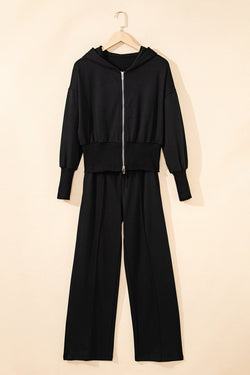 Black Double Zipper Hooded Jacket and Sweatpants Active Set