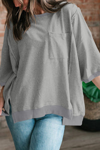 Coster de costura de color gris claro Pocket de bolsillo dividido Camisa suelta