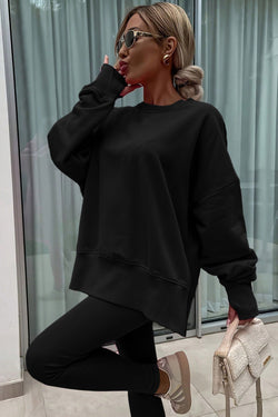 Green Bay Solid Color Oversize Slit Sweatshirt Ribbed Leggings 2pcs Set