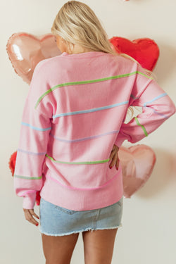 Stripe arcobaleno rosa calare la spalla larghi maglione Henley