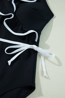 Contrasto di colore nero Blavola arricciata a V collo da bagno