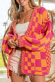 Multticolor Open Front Mydled Checkered Pattern Treen Cardigan