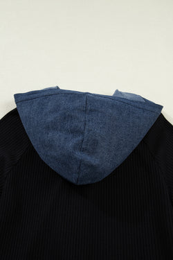 Black Ribbed Knit Contrast Denim Patchwork Hooded Long Sleeve Top