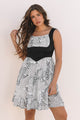 Patchwork de cuero de cuero negro sin mangas Paisley Floral Chiffon Vestido