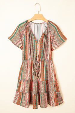 Red Bohemian Floral Print Buttoned V Neck Ruffle Tiered Dress