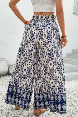 Blue Boho Pattern Imprimer la taille haute de la taille large pantalon