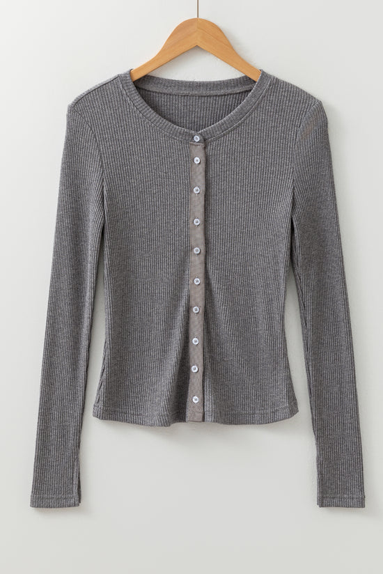 Pulsante a maglia a costine di nevischio giù cardigan