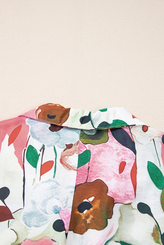 Blusa de manga curta rosa de estampa floral com estampa floral V de pescoço