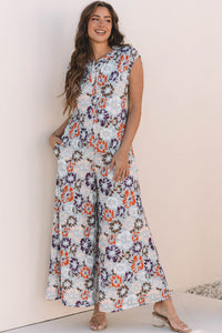 Sky Blue Floral Sans manches boutonné