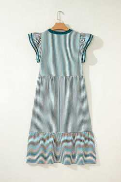 Vestido midi rayas con volantes dobles manga corta ribete en contraste cuello en V marrón