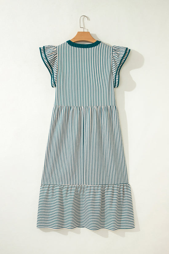Robe mi-longue à rayures et double volants, manches courtes, bordure contrastée, col en V, marron