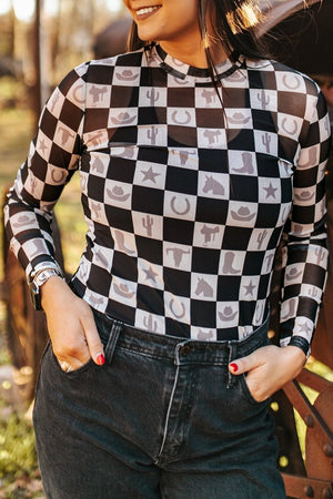 Black Checkerboard Western Elements Imprimé Mesh à manches longues