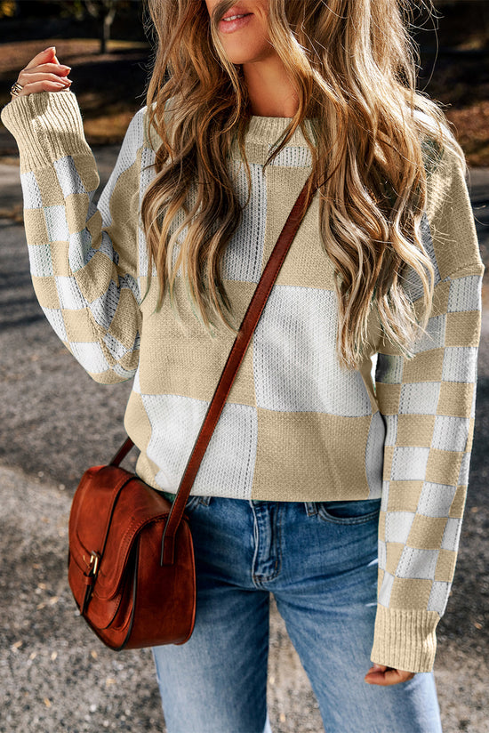 Maglione di spalla a scacchi a scacchi di flaxen