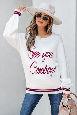 Bianco See You Cowboy ricamato maglione grafico occidentale