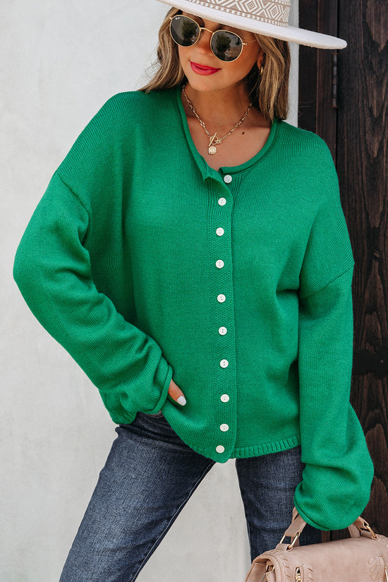 Pulsante a maglia a maglia a maglia con maglia ridotta verde brillante cardigan