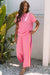 Bonbon Color Contrast Crewneck T Shirt and Wide Leg High Waist Pants Set