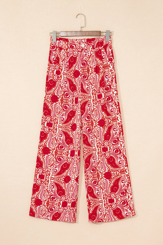 Pantaloni gambe a vita alta stampati con stampato rosso paisley