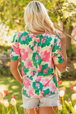 Stampa astratta verde Frilly Neck Blose a manica corta arricciata